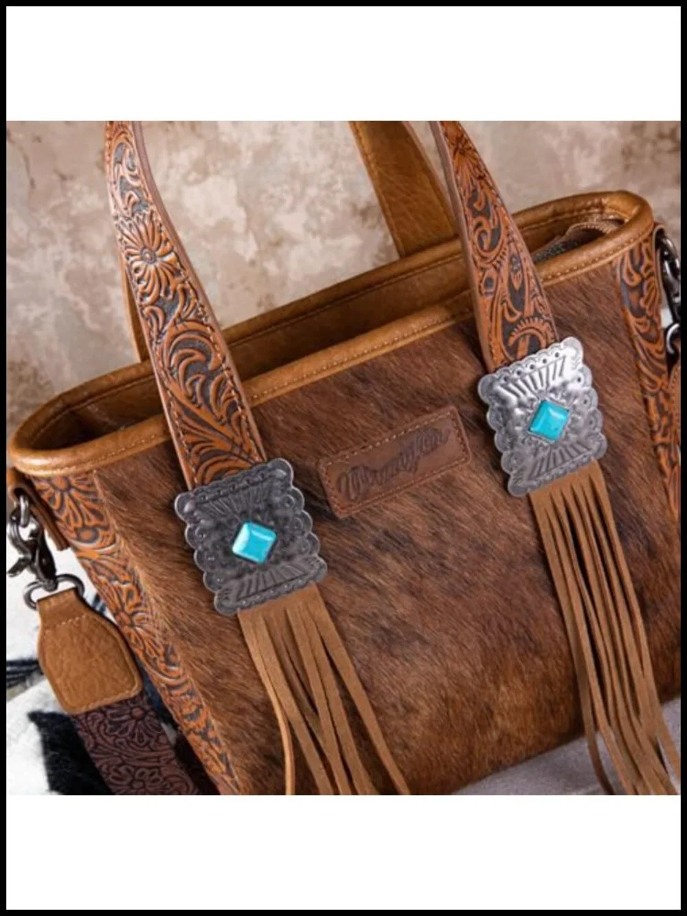 Western Hair-on Cowhide Tote Bag with Turquoise Stone Concho Fringing Tooling